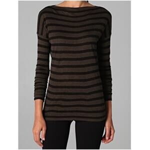 EUC Vince Brown Black Stripe Boat Neck Long Sleeve Cotton Top Sz Medium Heather